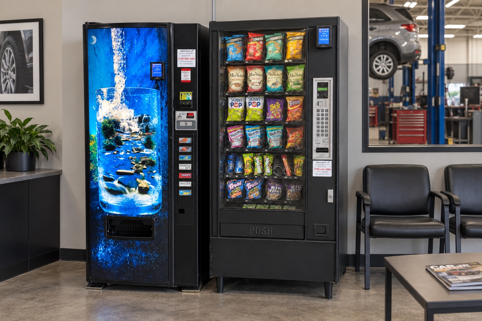 Illustrative snack and drink vending setup in an auto shop waiting area