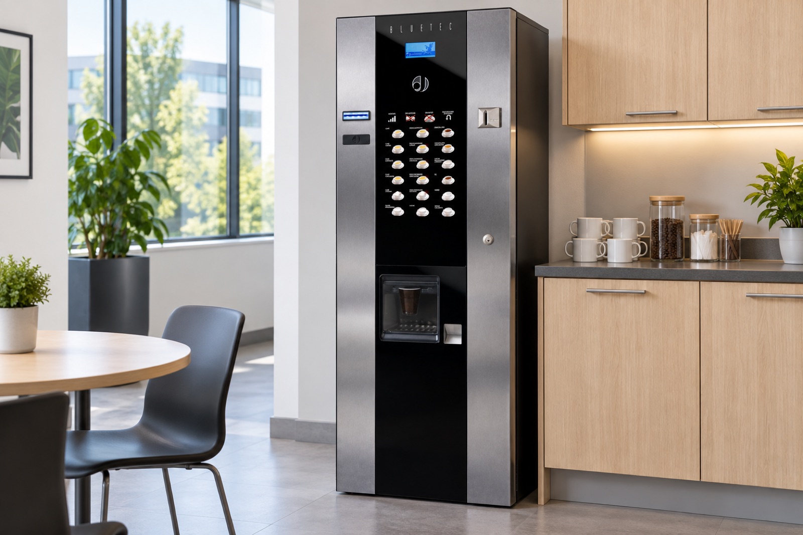 Illustrative coffee vending machine in an office break room