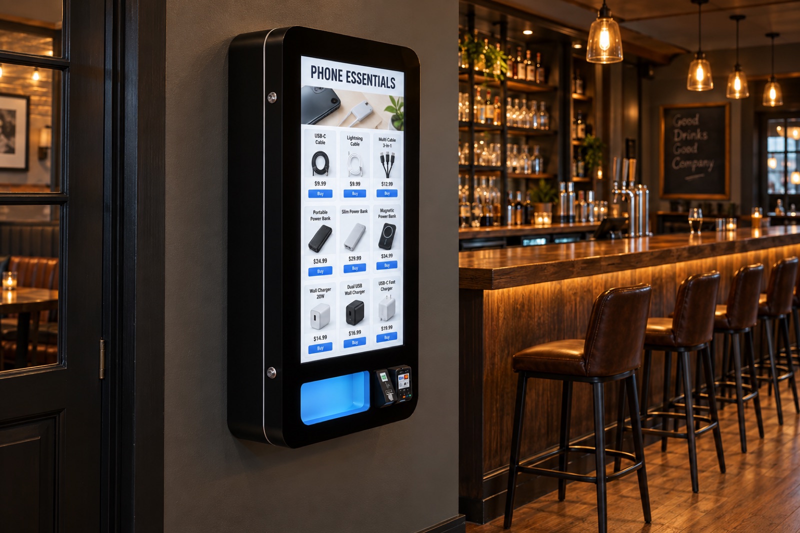 Illustrative phone accessory vending machine in a hospitality venue